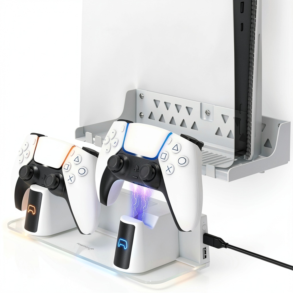 Fosmon PS5 wall mount installed on a wall with controllers charging