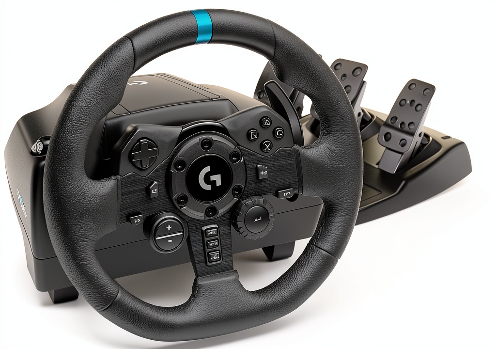 Logitech G923 Racing Wheel setup on a gaming desk
