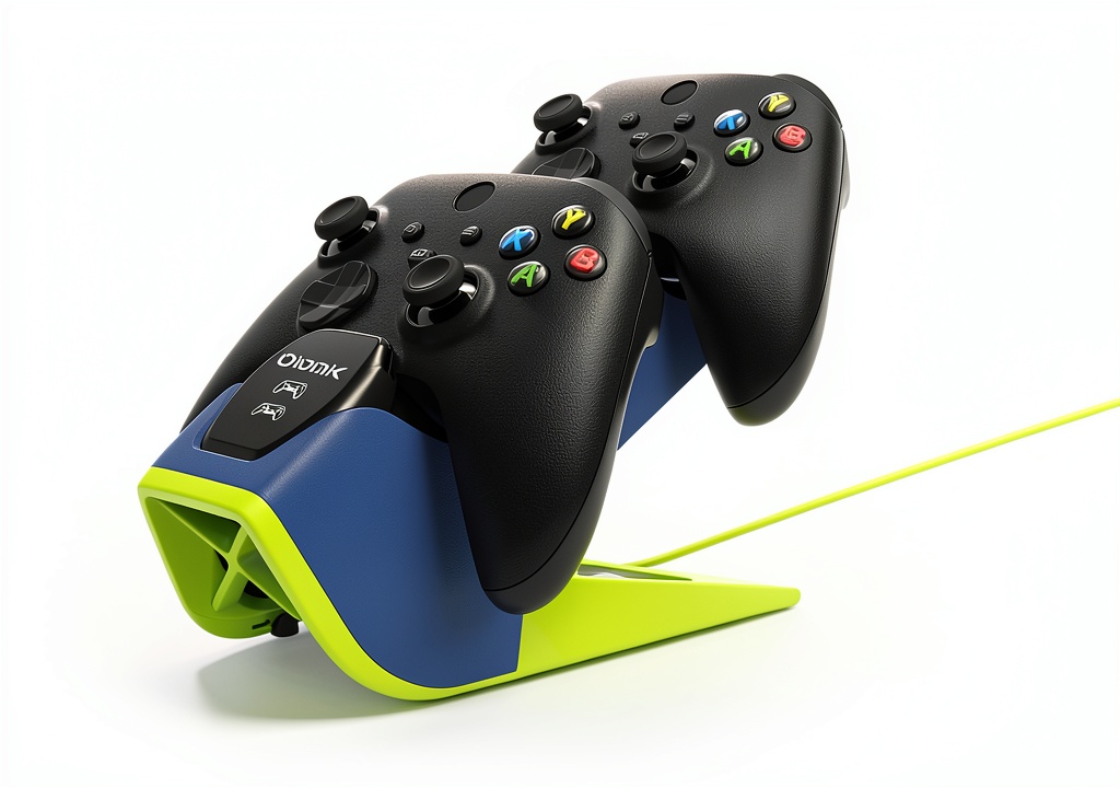 Bionik Power Stand charging two Xbox Series X/S controllers on a gaming desk