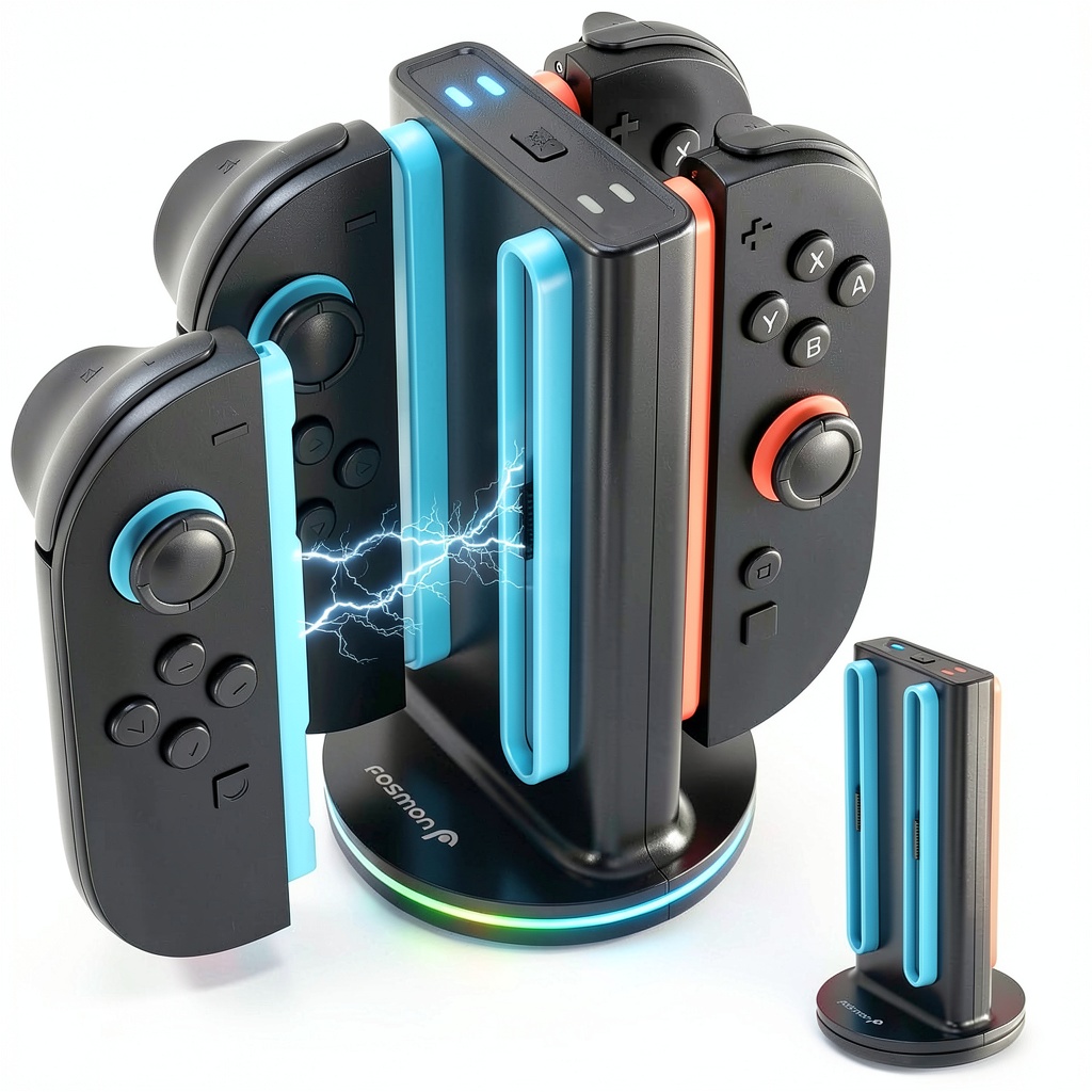 Fosmon 4-in-1 charging dock with controllers in a gaming setup