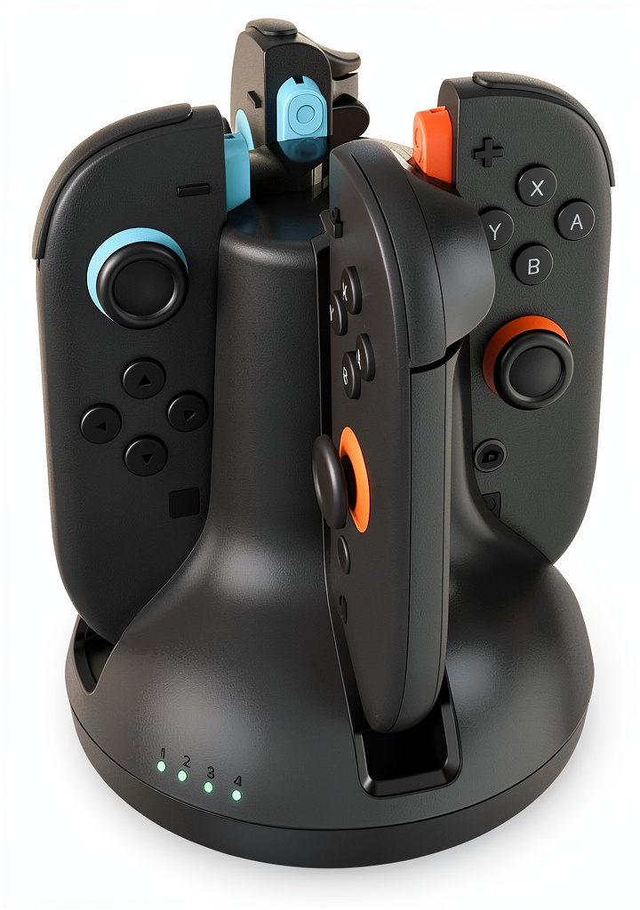 Joy-Con 2 Quad Charger displaying four controllers docked on a gaming desk